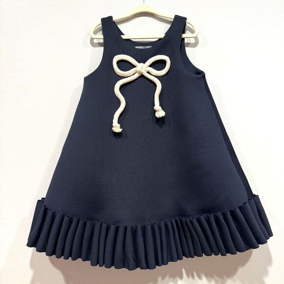 Nikolia Dress Sleeveless Navy Scuba Bow Flare Ruffle Nautical  Girls sz 7-8 - Picture 1 of 9